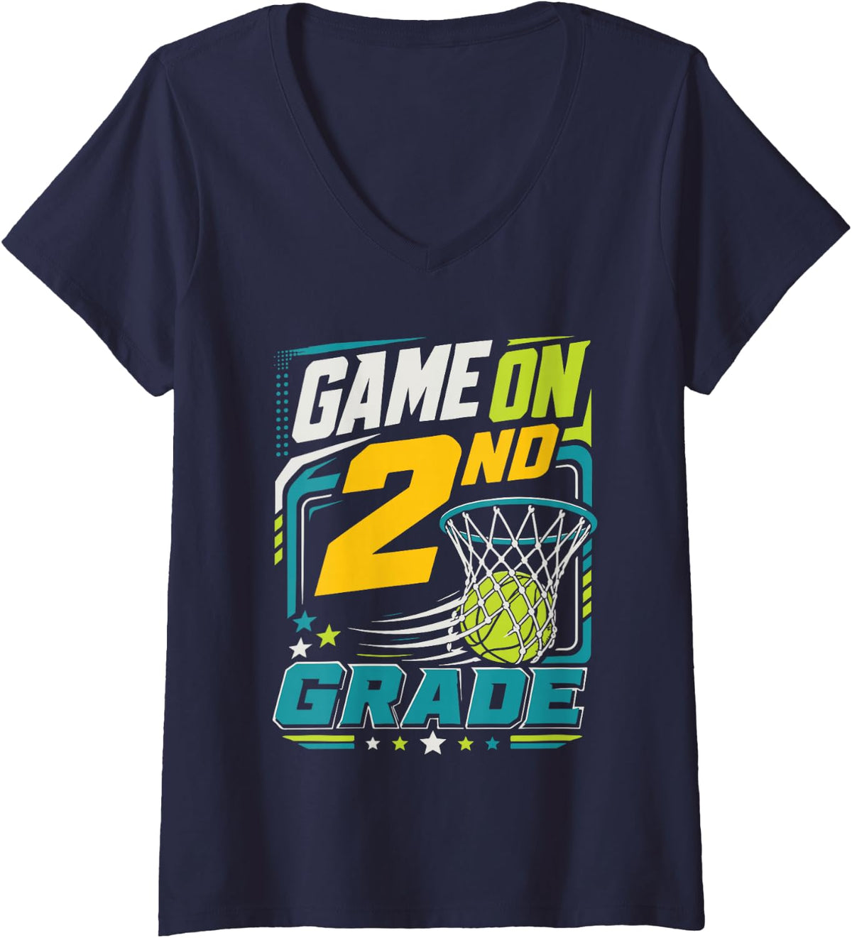 Women's Game On 2nd Grade Basketball School Spirit V-Neck T-Shirt - Navy Blue