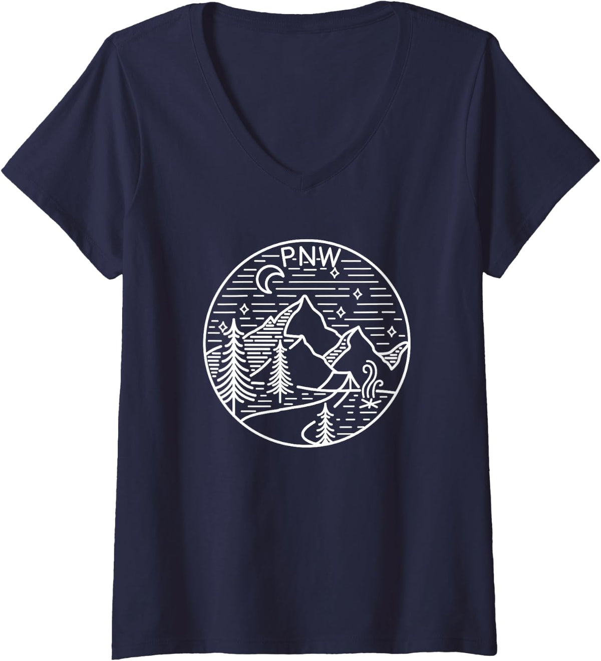 Womens Pacific Northwest Outdoors Trees Mountain V-Neck T-Shirt - Navy Blue