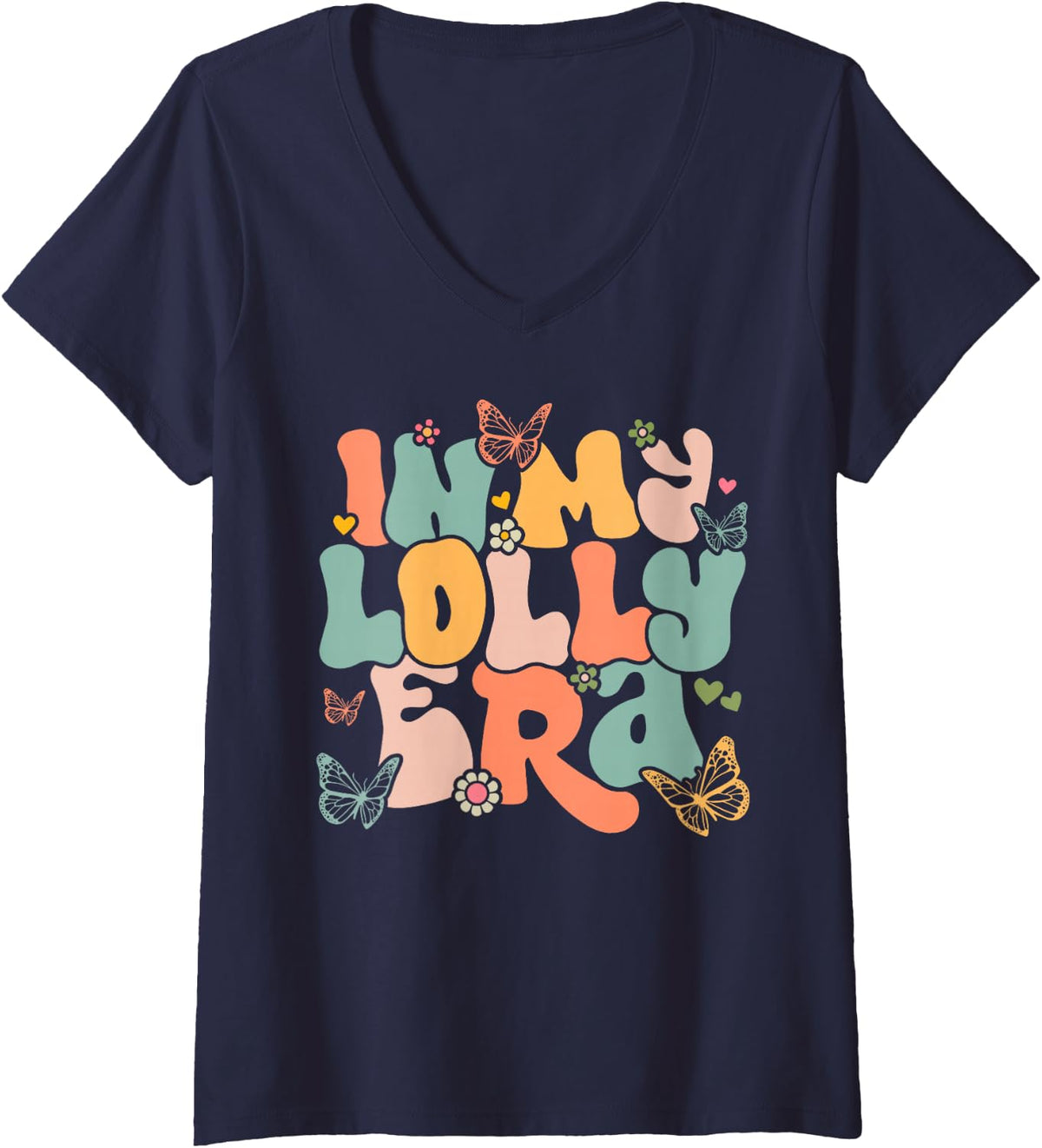 Women's Retro Groovy in My Lolly Era Mother's Day V-Neck T-Shirt - Navy Blue