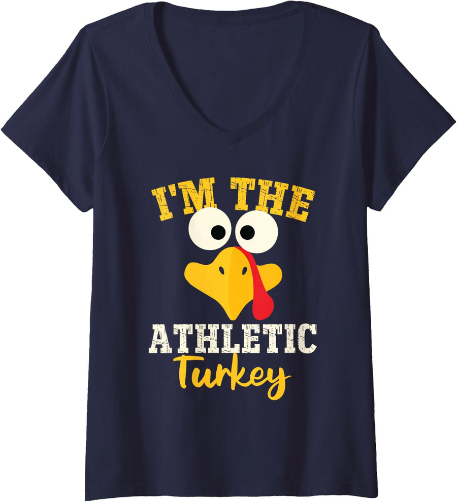 Women's I'm Athletic Turkey Family Matching Thanksgiving Group Party V-Neck T-Shirt - Navy Blue