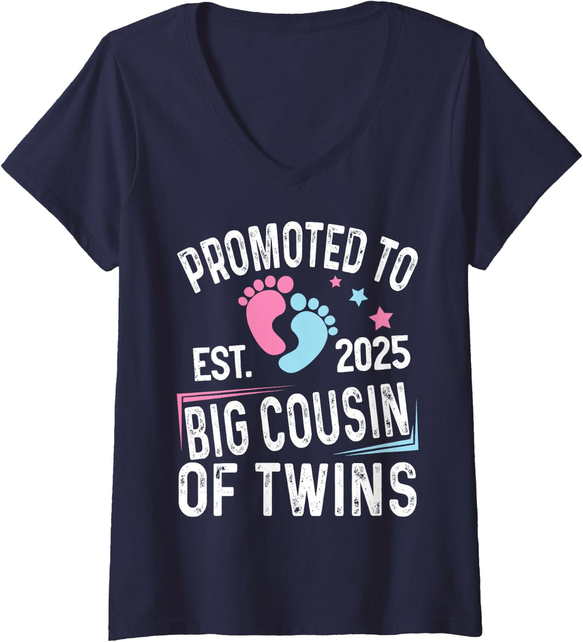 Women's Promoted to Big Cousin of Twins Est 2025 Baby Shower V-Neck T-Shirt - Navy Blue