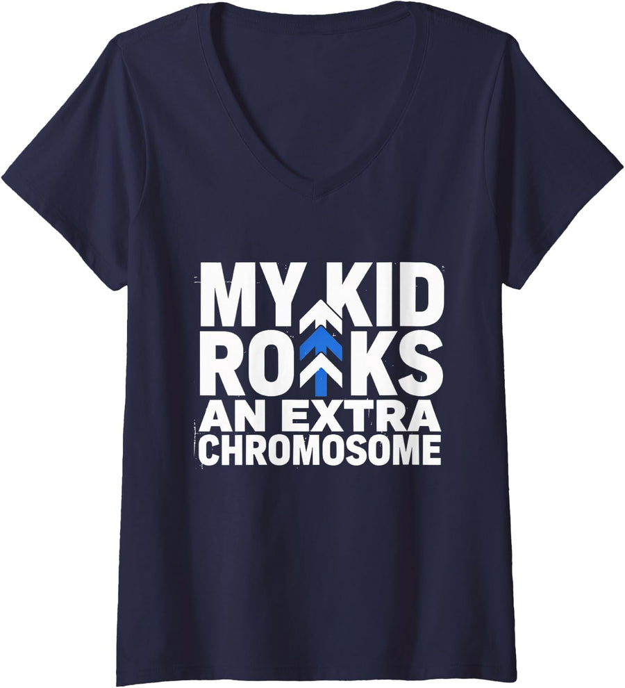 Women's My Kid Rocks an Extra Chromosome - Down Syndrome Awareness V-Neck T-Shirt - Navy Blue