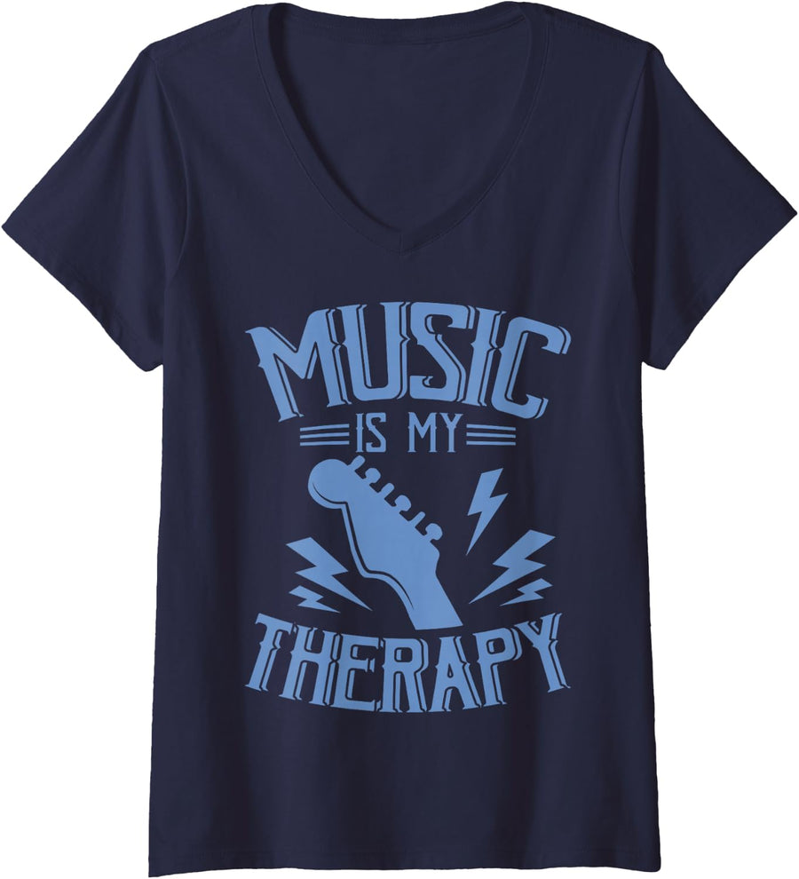 Women's Funny Musician Music Teacher Music is My Therapy Guitarist V-Neck T-Shirt - Navy Blue
