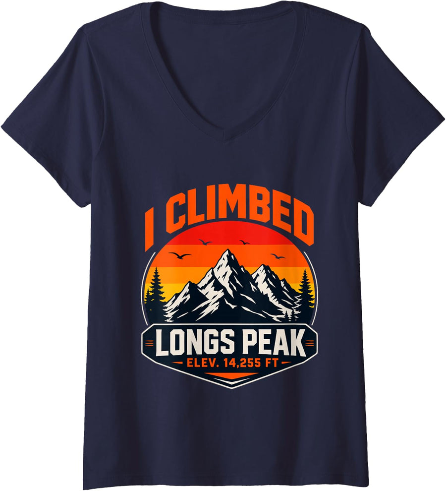 Women's Bergsteiger Longs Peak Mountain Hiker Mountaineer V-Neck T-Shirt - Navy Blue