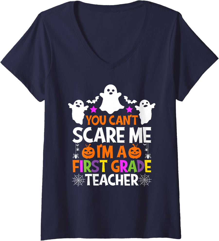 Women's You Can't Scare Me I'm A First Grade Teacher Halloween V-Neck T-Shirt - Navy Blue