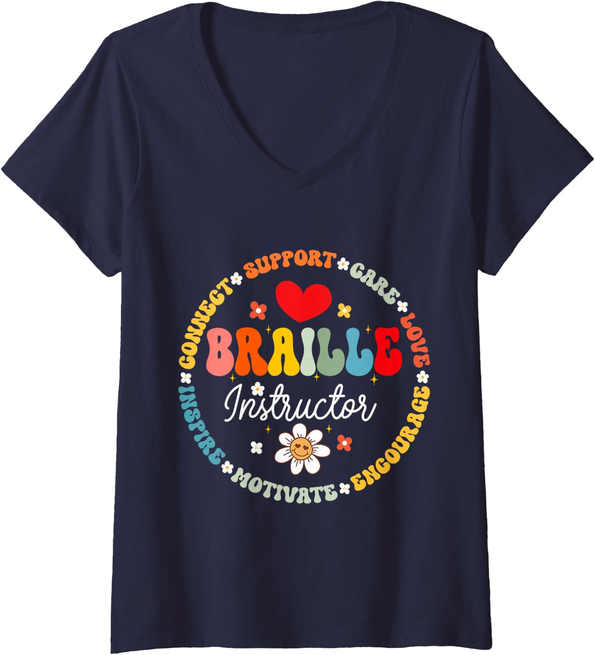 Women's Braille Instructor Teacher Language Appreciation Back School V-Neck T-Shirt - Navy Blue