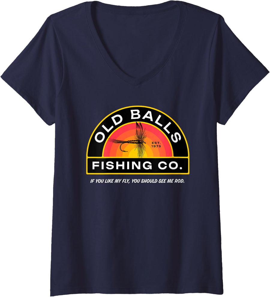 Women's Funny Fly Rod Fishing Retro Fly Casting 1975 Design V-Neck T-Shirt - Navy Blue