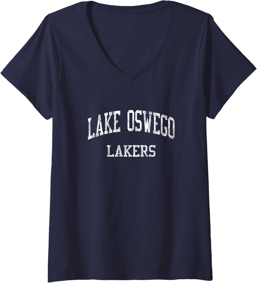 Womens Lake Oswego High School HS Lake Oswego OR Vintage Sports V-Neck T-Shirt - Navy Blue