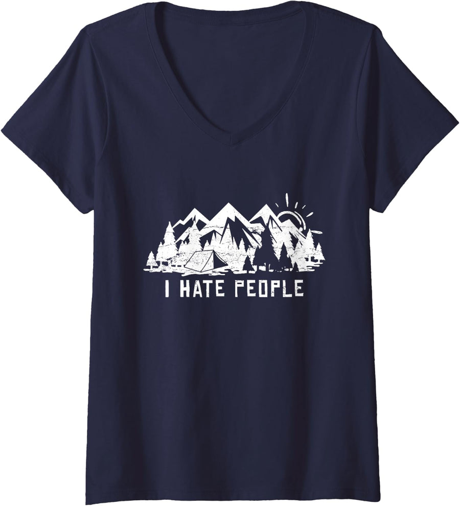 Women's Camping Mountains Hiker Camper Fun Nature V-Neck T-Shirt - Navy Blue