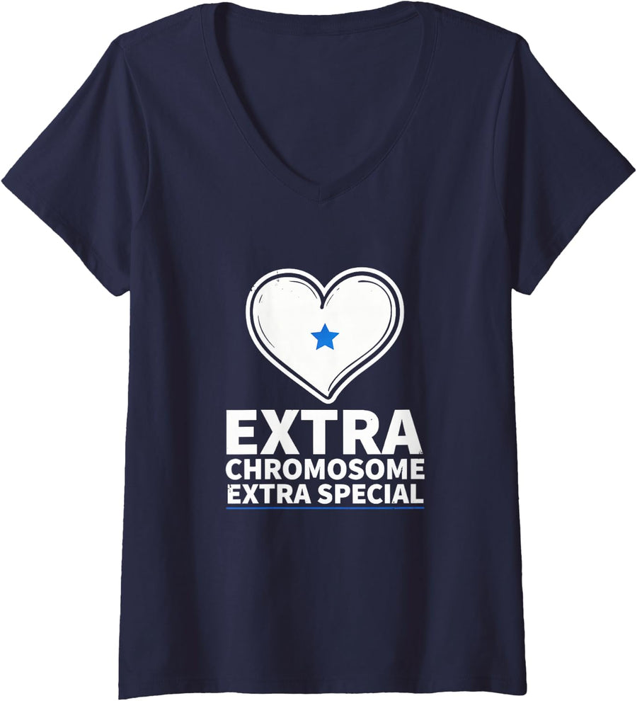 Women's Extra Chromosome Extra Special - Down Syndrome Awareness V-Neck T-Shirt - Navy Blue