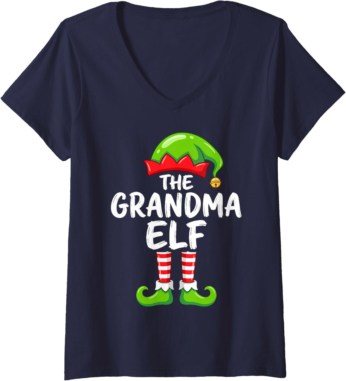 Women's The Grandma Elf Cute Christmas Pajama Party Family Group V-Neck T-Shirt - Navy Blue