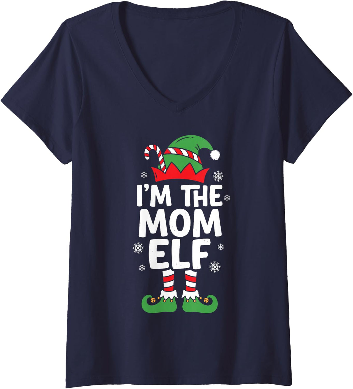 Women's I'm the Mom Elf Cute Christmas Pajama Party Family Group V-Neck T-Shirt - Navy Blue