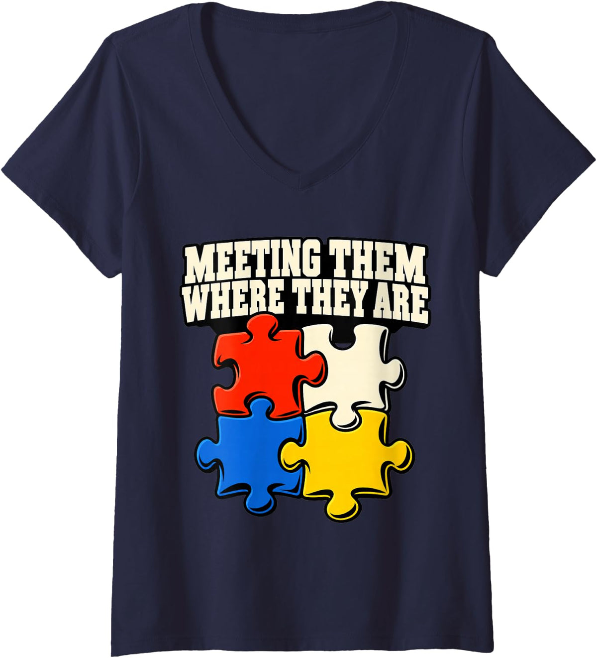 Women's Special Education Meeting Them Where They are Aide Puzzle V-Neck T-Shirt - Navy Blue