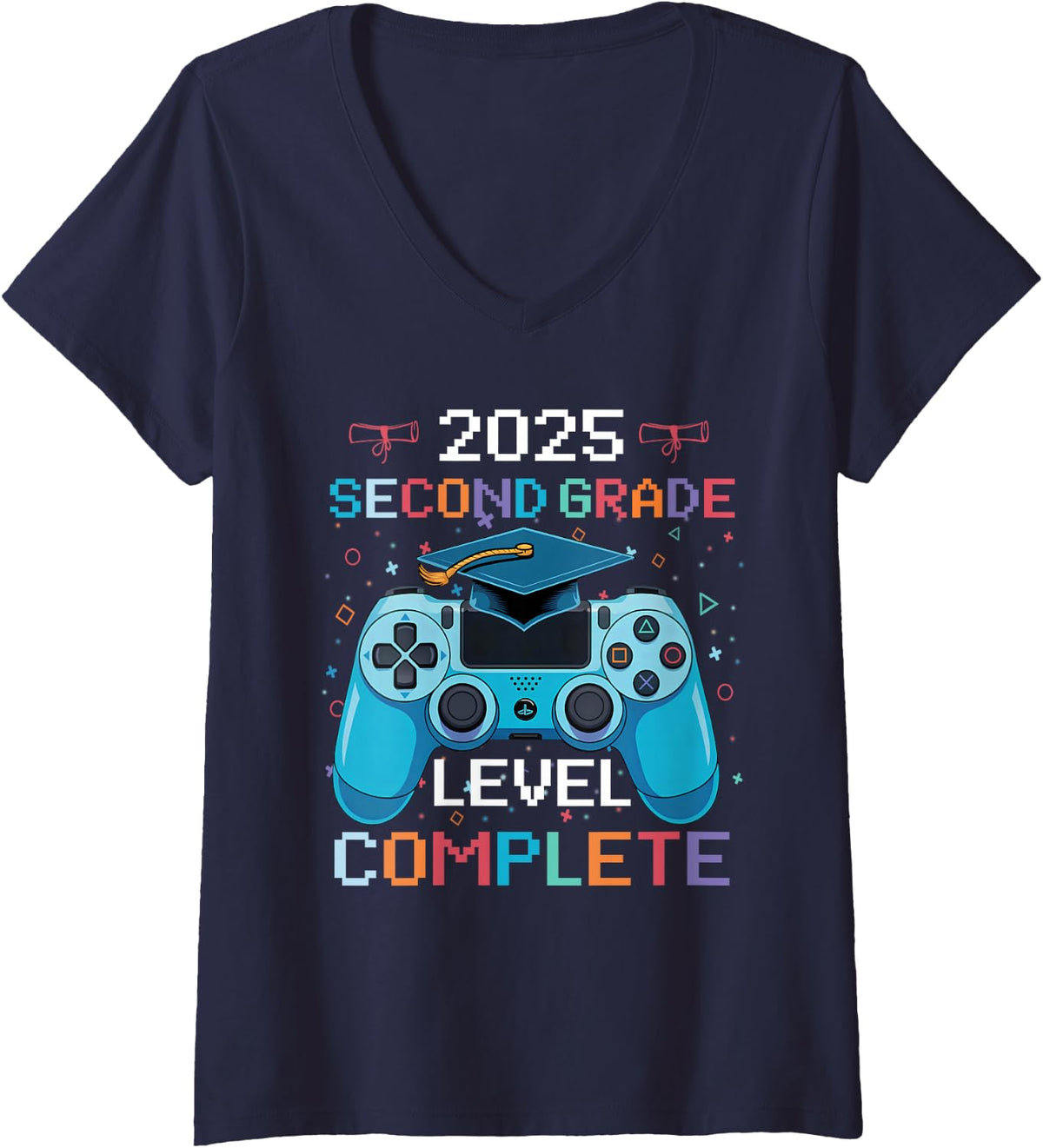 Women's 2nd Grade Level Complete Video Gamer Boy Graduation V-Neck T-Shirt - Navy Blue