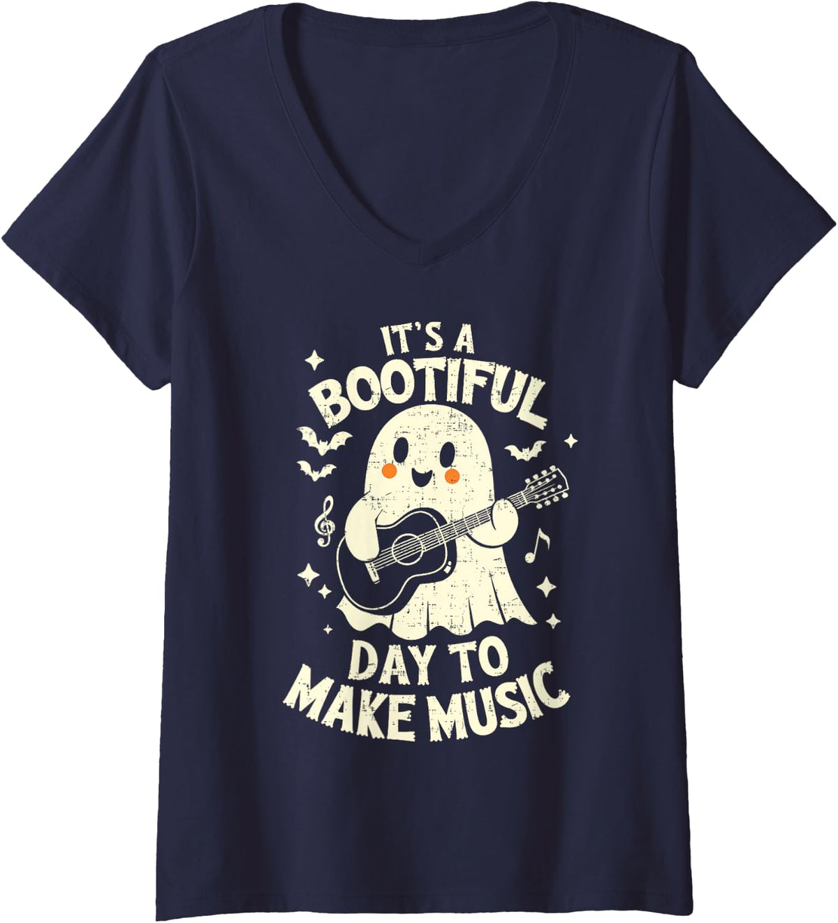 Womens It's A Bootiful Day To Make Music Halloween Music Teacher V-Neck T-Shirt - Navy Blue