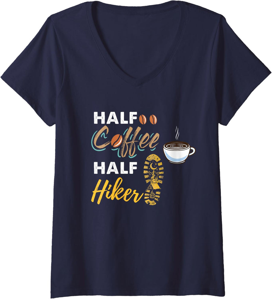 Women's Half Coffee Half Hiker for Hiking Lover V-Neck T-Shirt - Navy Blue
