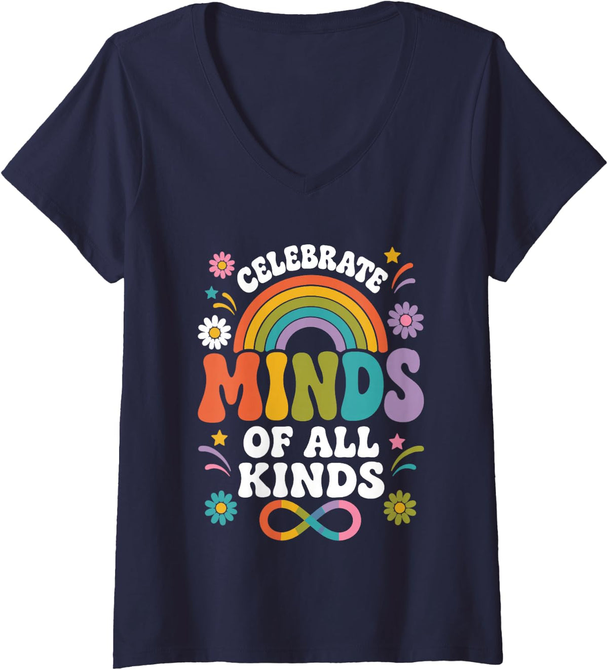 Women's Celebrate Minds of All Kinds Retro Rainbow Autism SPED V-Neck T-Shirt - Navy Blue