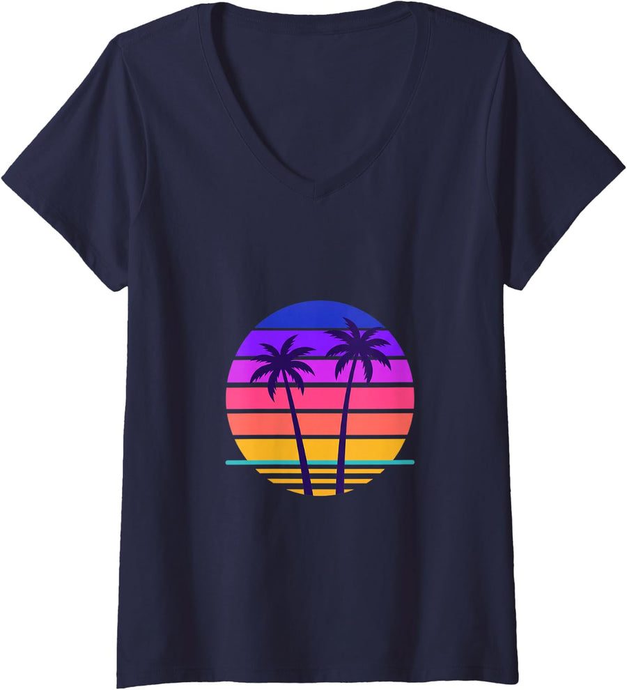 Women's Sunset Palm Trees Retro 80s Miami Synthwave Sun Neon Poster V-Neck T-Shirt - Navy Blue