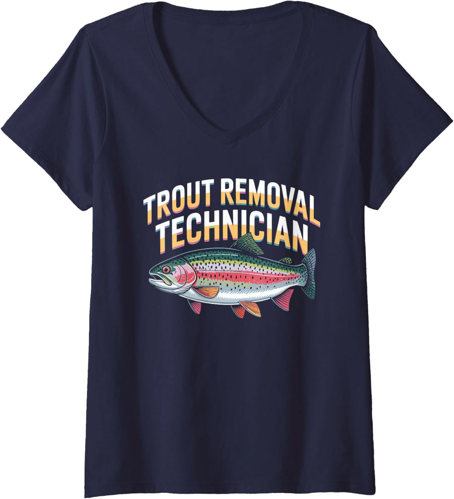 Women's Funny Fly Fishing Technician Retro Trout Scene V-Neck T-Shirt - Navy Blue