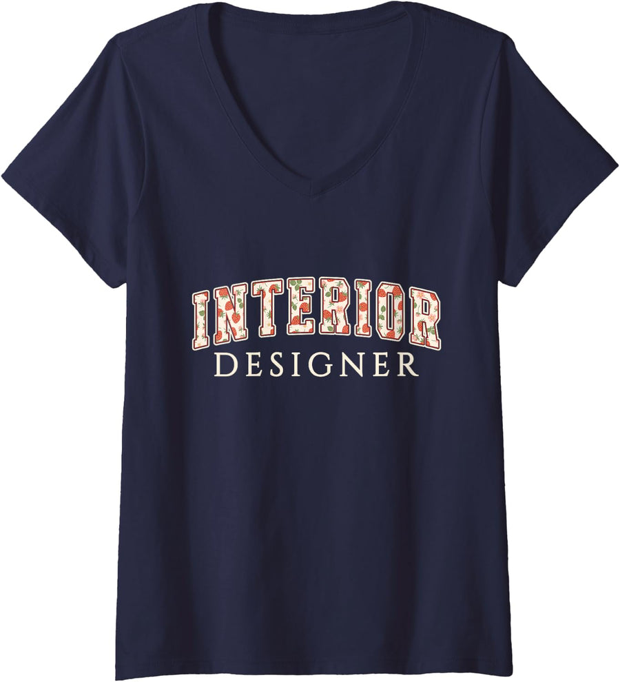 Women's Interior Designer Strawberry Varsity Letters Decorator V-Neck T-Shirt - Navy Blue
