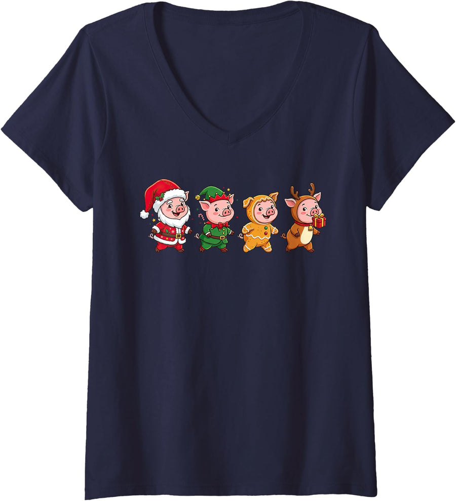 Women's Funny Pig Christmas Santa Elf Gingerbread Womens Mens Kids V-Neck T-Shirt - Navy Blue