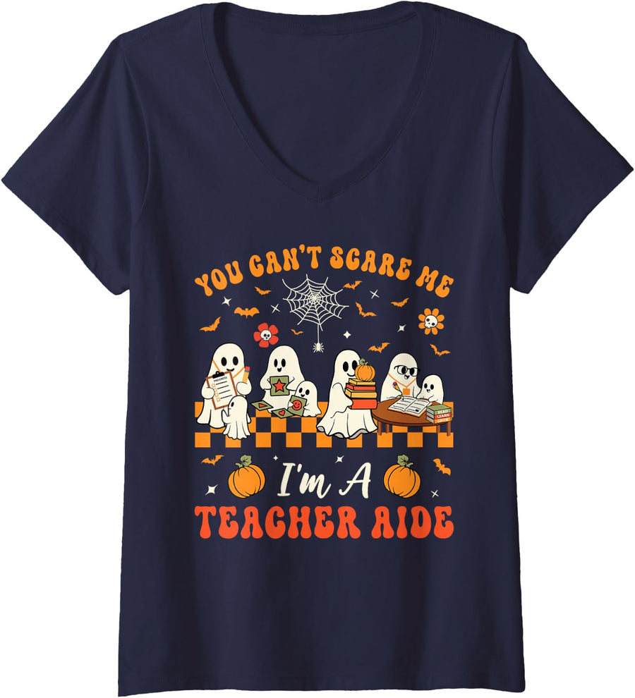 Women's You Can't Scare Me I'm A Teacher Aide Halloween Ghost School V-Neck T-Shirt - Navy Blue