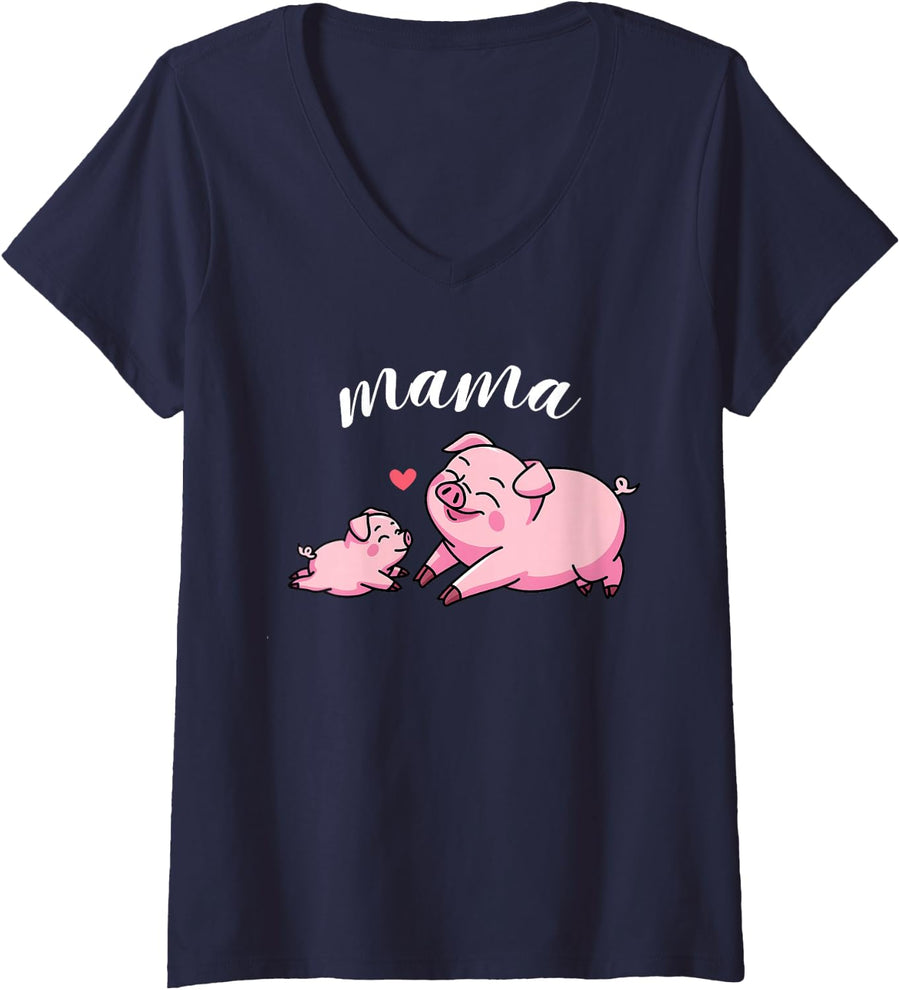 Women's Mama Pig Kids Baby Animals Lover Family Mom Matching V-Neck T-Shirt - Navy Blue