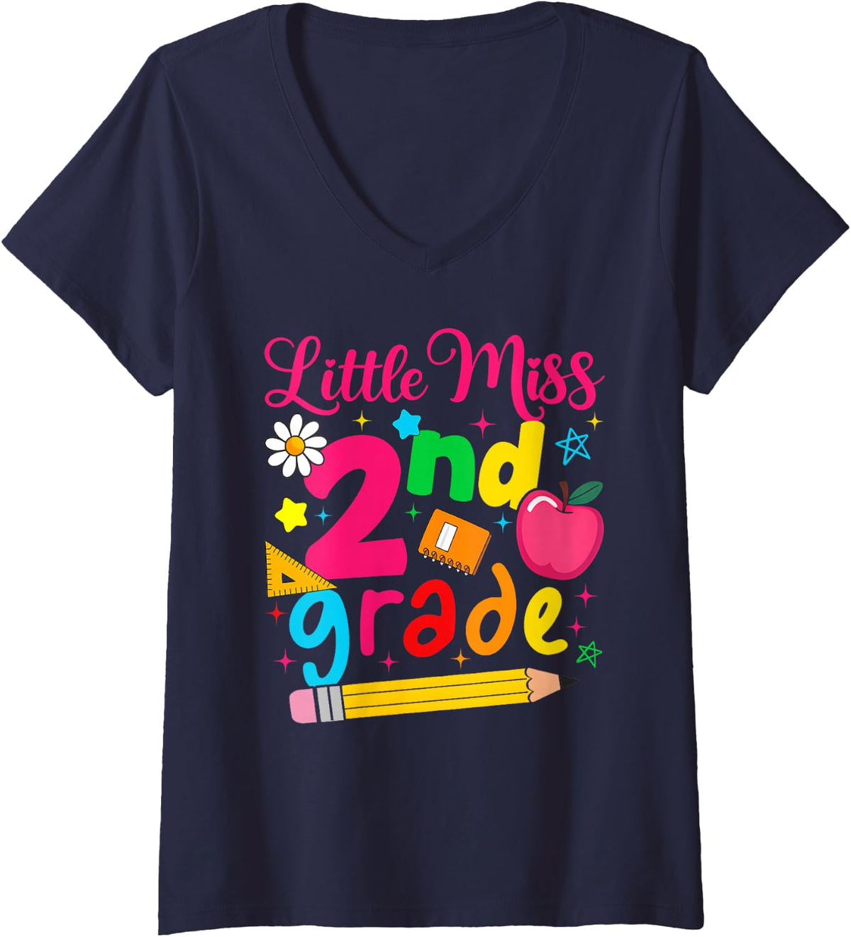 Women's Back to School Little Miss 2nd Second Grade Girl Kid V-Neck T-Shirt - Navy Blue