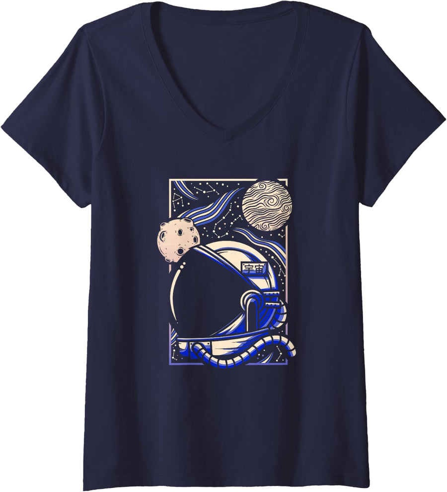 Women's Vaporwave Aesthetic Japanese Astronaut Helmet V-Neck T-Shirt - Navy Blue