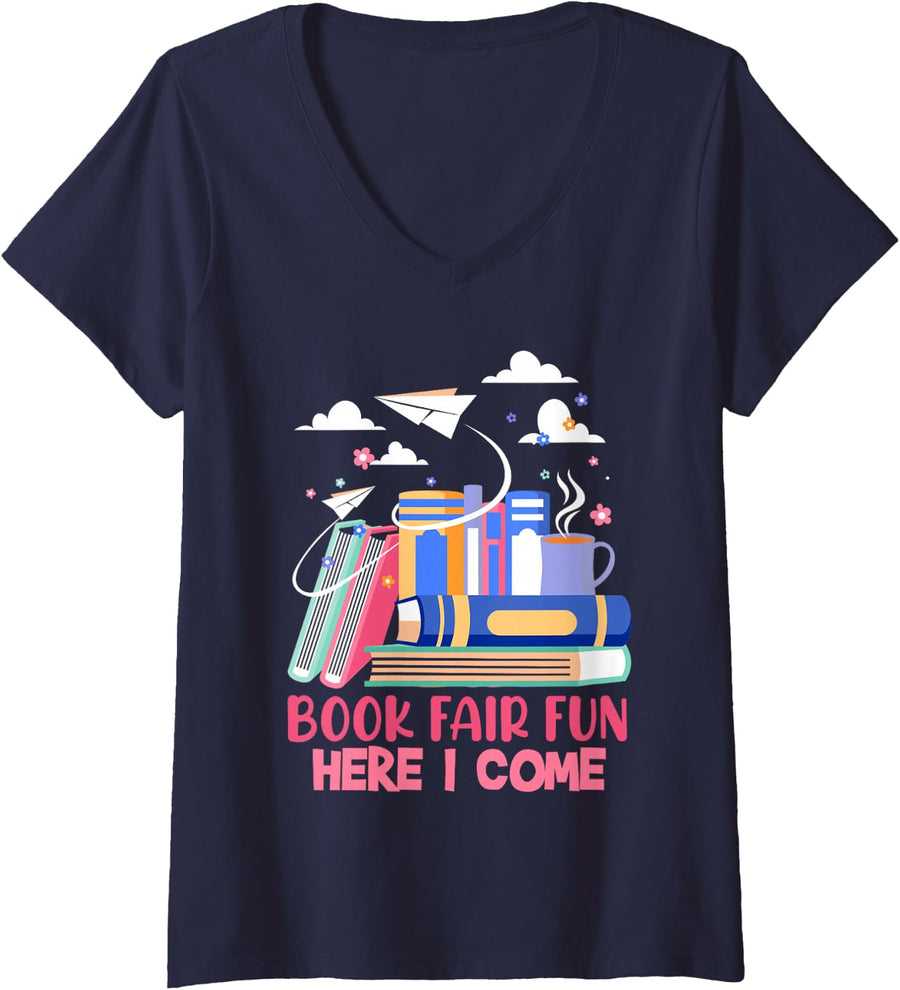 Women's Book Fair School Reading V-Neck T-Shirt - Navy Blue