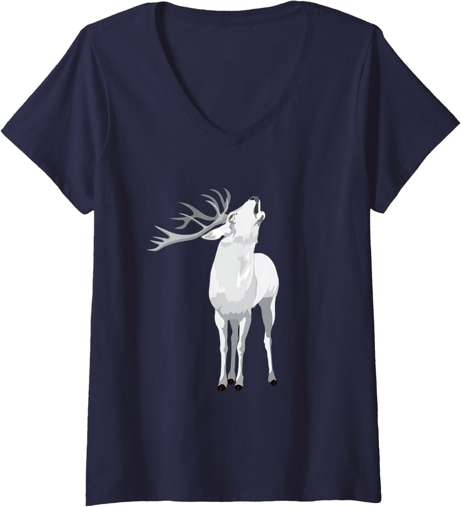 Women's Beautiful White Colored elk V-Neck T-Shirt - Navy Blue