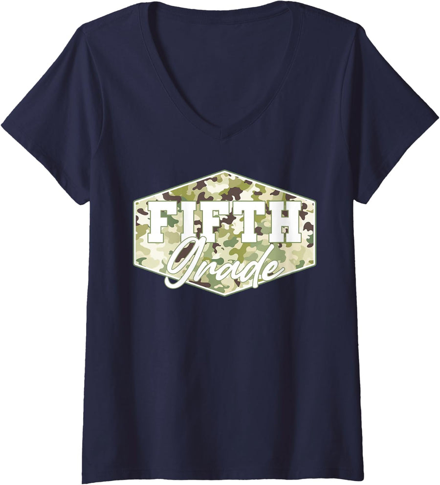 Women's Back to School Fifth Grade Camo School Teacher Boy Girl V-Neck T-Shirt - Navy Blue