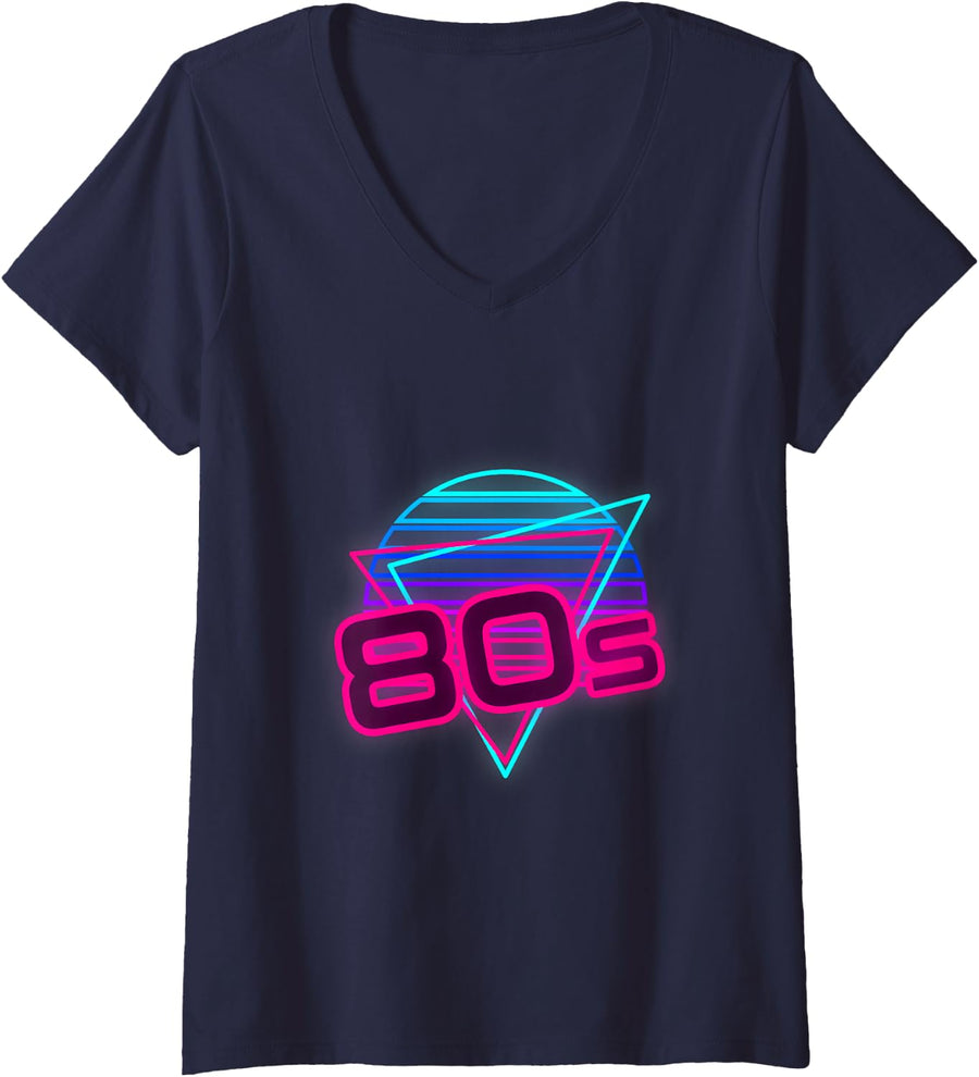 Women's 80s Retro Sunset Synthwave Vaporwave Aesthetic V-Neck T-Shirt - Navy Blue