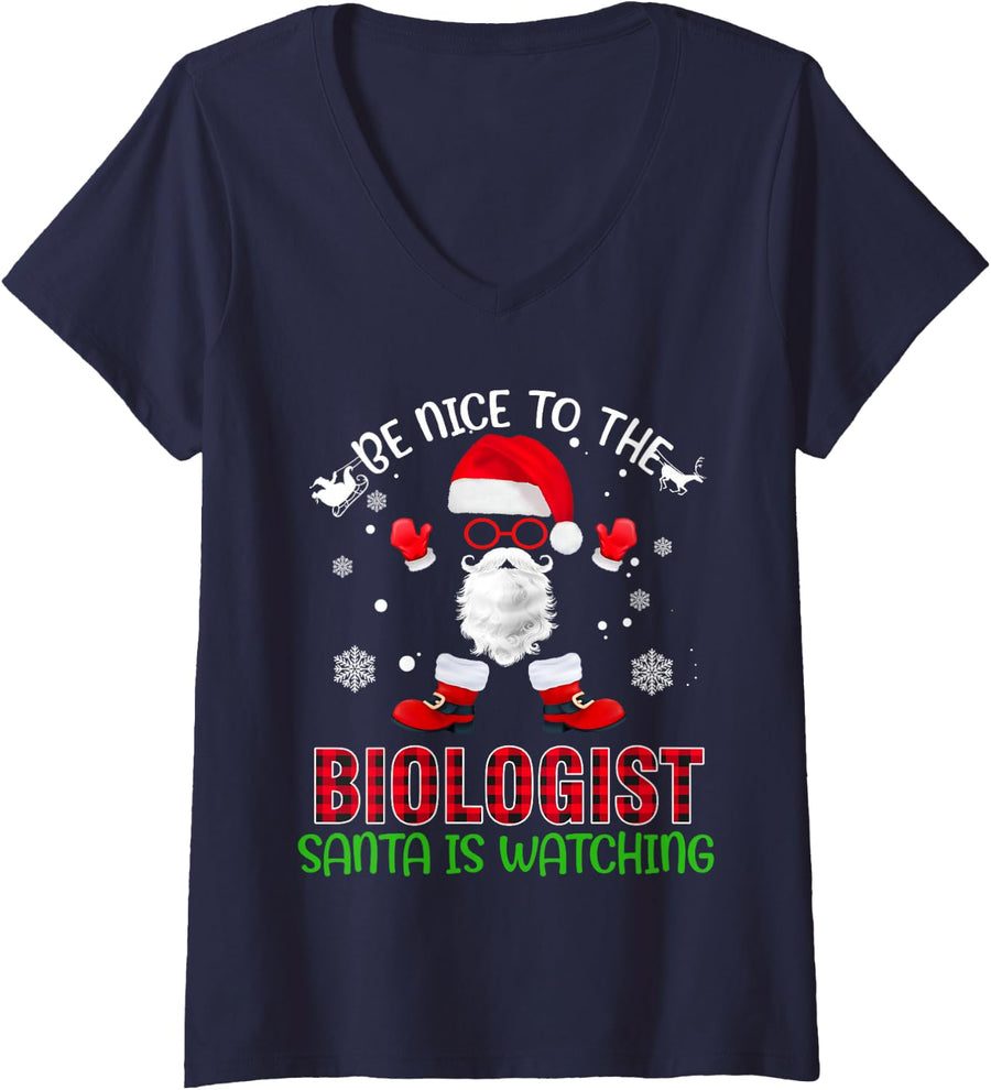 Women's Be Nice to The Biologist Santa is Watching Christmas Xmas V-Neck T-Shirt - Navy Blue