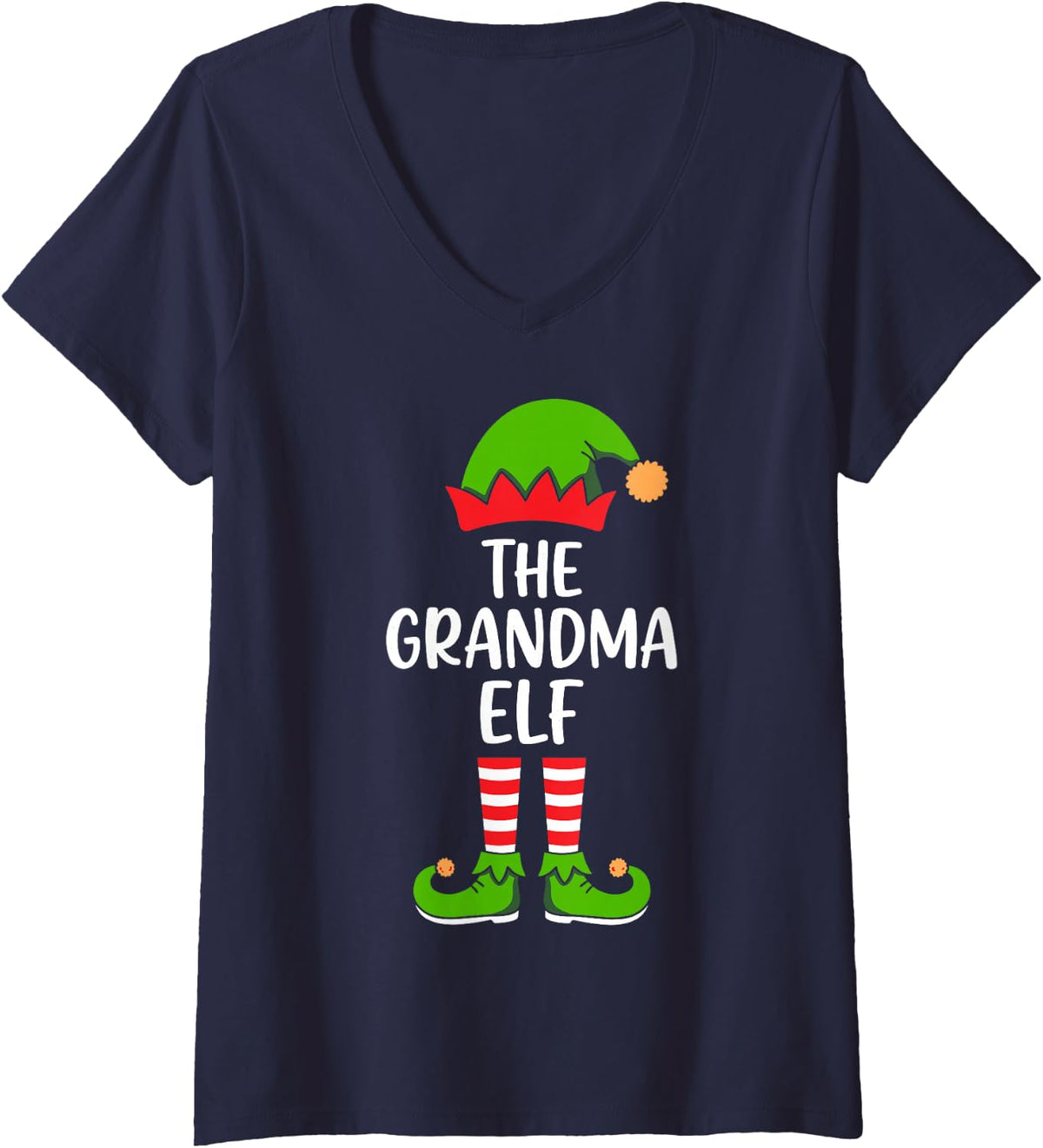 Women's The Grandma Elf Funny Santa's Helper Matching Christmas V-Neck T-Shirt - Navy Blue