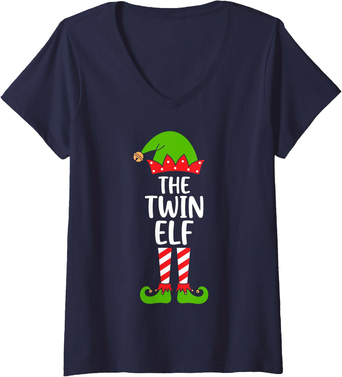 Women's The Twin Elf Christmas Costume Funny Matching Family V-Neck T-Shirt - Navy Blue