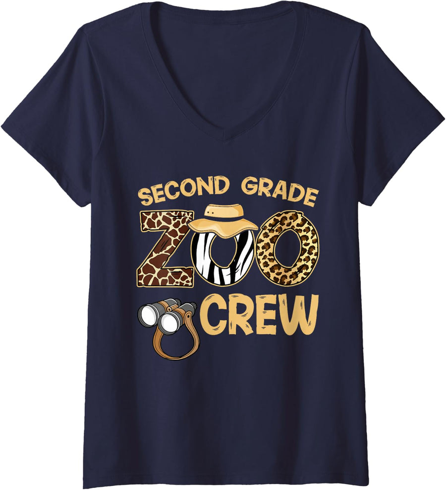 Women's Field Zoo Trip Shirt for Teacher, Second Grade Crew V-Neck T-Shirt - Navy Blue