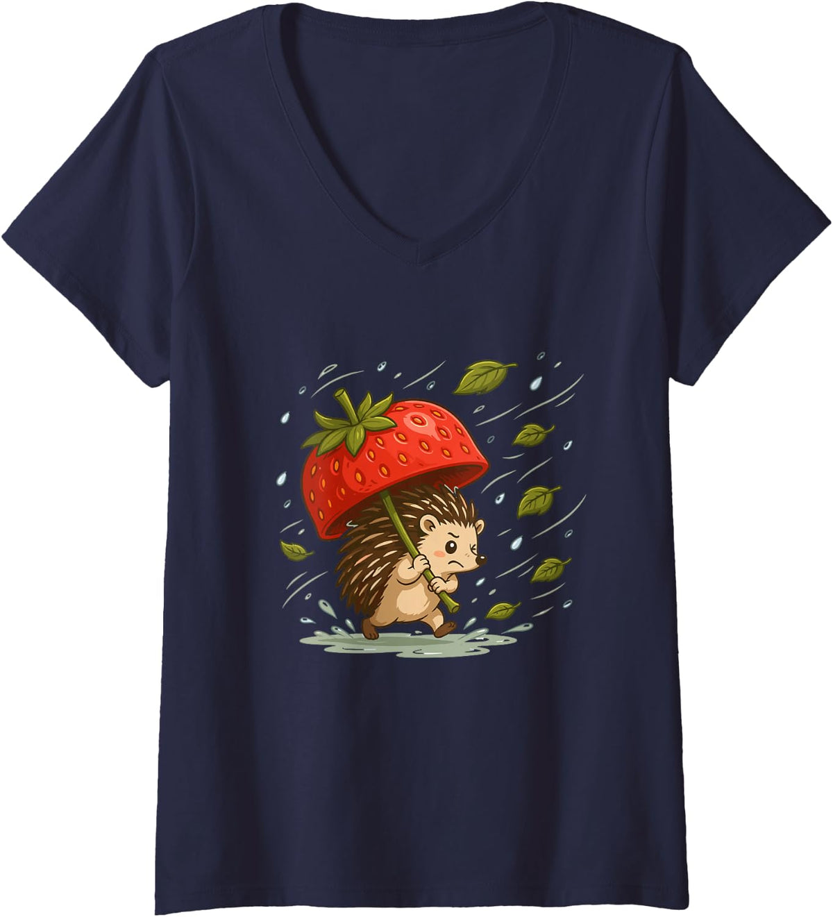 Women's Rainy Day Hedgehog Strawberry Umbrella Autumn V-Neck T-Shirt - Navy Blue
