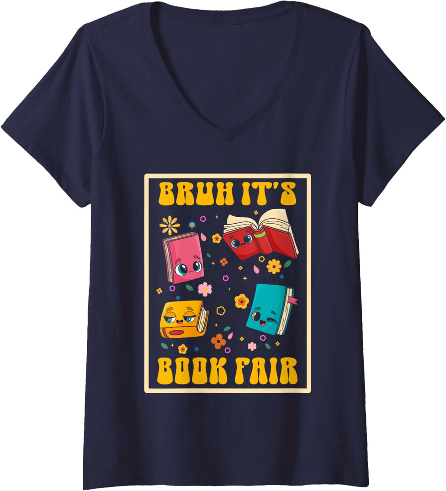 Women's Book Fair Funny School V-Neck T-Shirt - Navy Blue