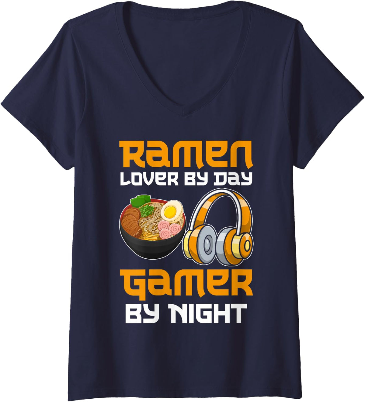 Women's Ramen Japan Noodles Gaming Anime Gamer V-Neck T-Shirt - Navy Blue