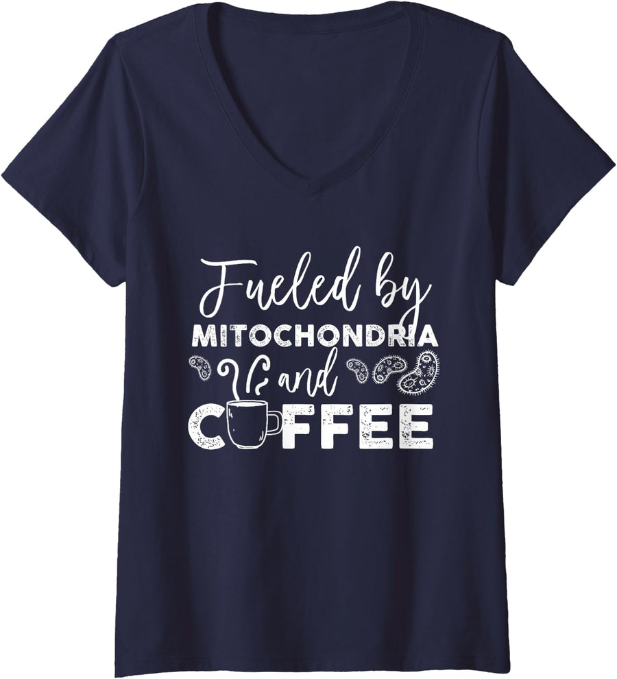 Women's Fueled By Mitochondria And Coffee V-Neck T-Shirt - Navy Blue