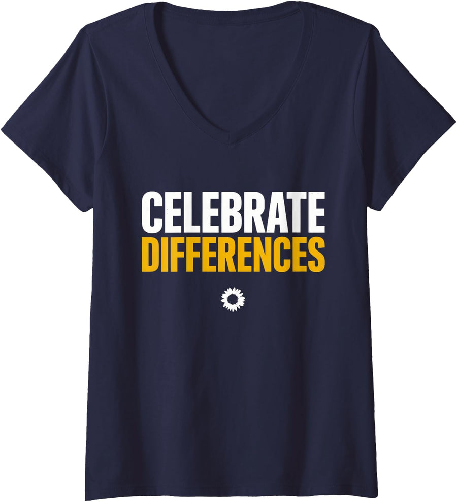 Women's Celebrate Differences - Down Syndrome Awareness V-Neck T-Shirt - Navy Blue