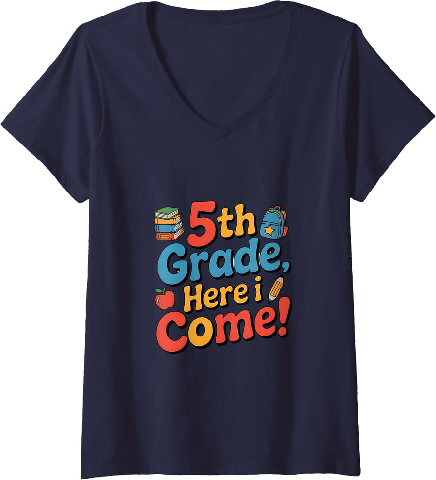 Women's 5th Grade Here i Come, Back to School Stuff V-Neck T-Shirt - Navy Blue