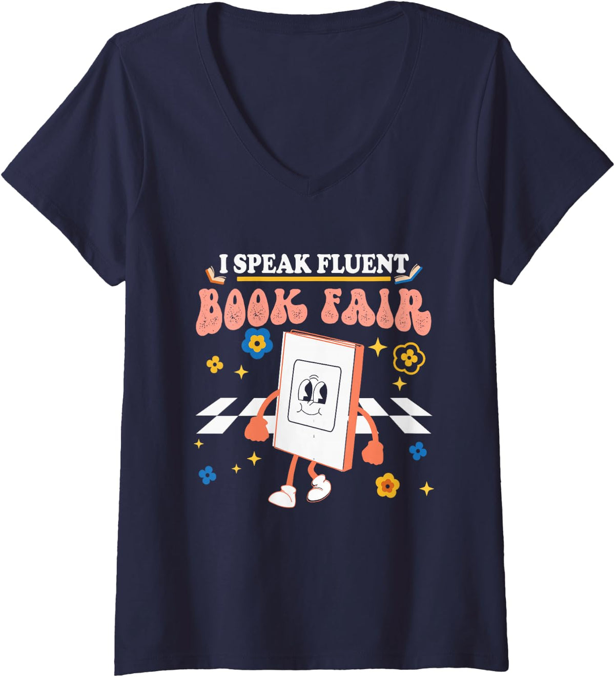Women's Book Fair School Library Book Fair Fun Here I Come V-Neck T-Shirt - Navy Blue