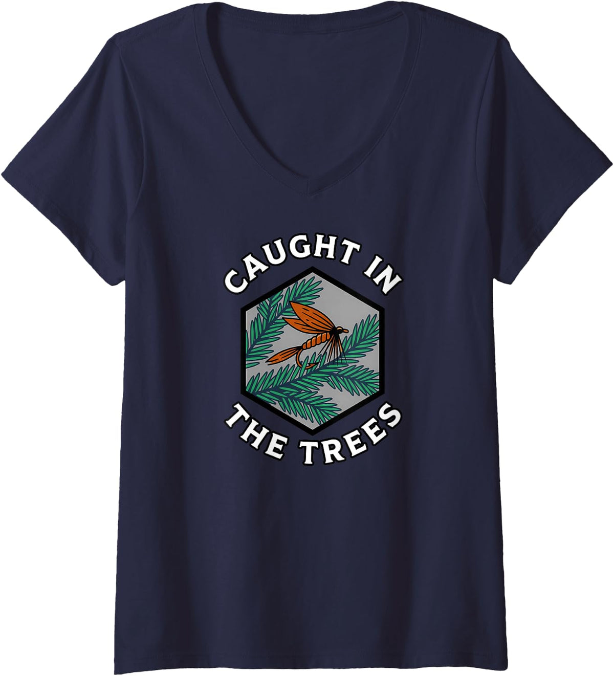 Women's Fly Fishing Caught in The Trees Angler Humor Design V-Neck T-Shirt - Navy Blue