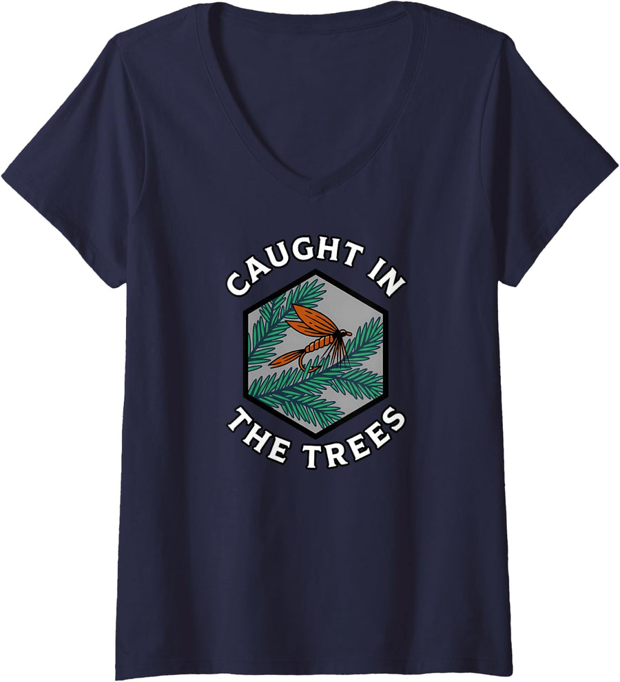 Women's Fly Fishing Caught in The Trees Angler Humor Design V-Neck T-Shirt - Navy Blue