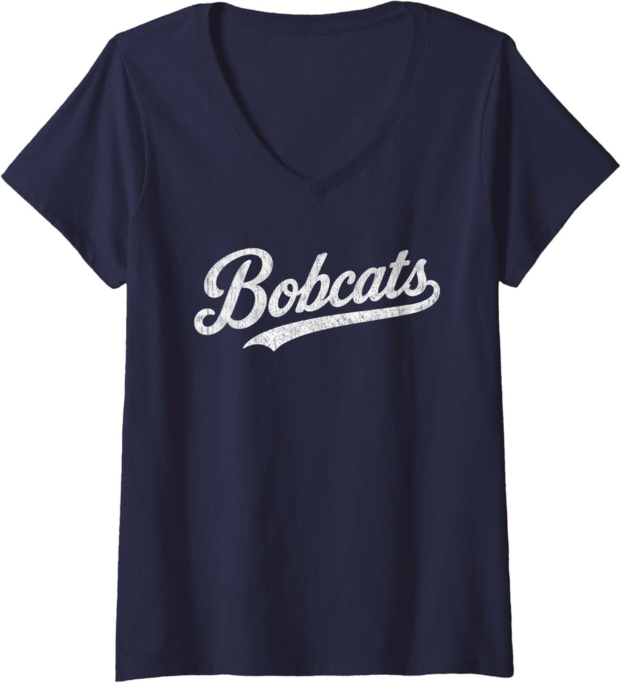 Women's Bobcats High School Sports Team Spirit Vintage V-Neck T-Shirt - Navy Blue