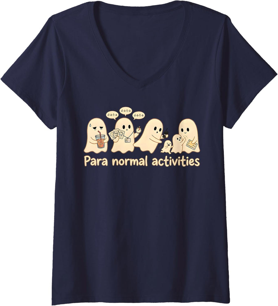 Women's Halloween para Normal Activities SPED Teachers Ghost Fall V-Neck T-Shirt - Navy Blue