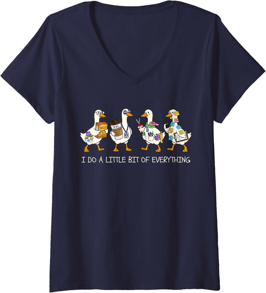 Women's I Do A Little Bit of Everything Teacher Aide para SPED Goose V-Neck T-Shirt - Navy Blue