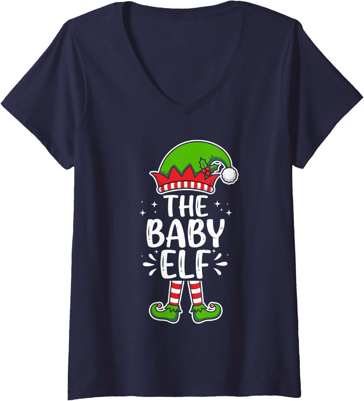 Women's I'm the Baby Elf Christmas Costume Funny Matching Family V-Neck T-Shirt - Navy Blue